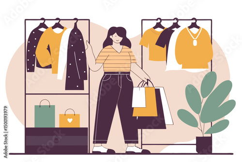 Stylish lady carrying shopping bags in mall, flat vector design for ads, websites, and retail promotions