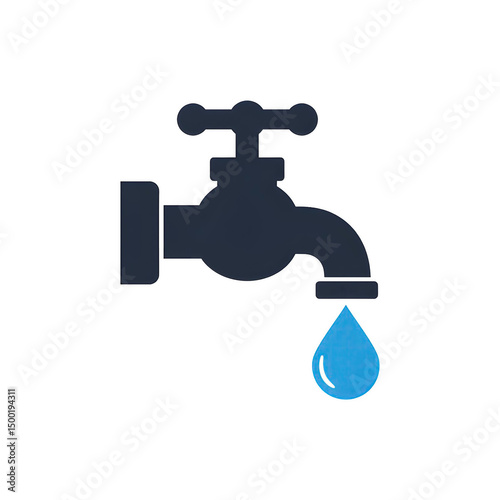 Classic black faucet with a single blue water drop, representing water conservation.
