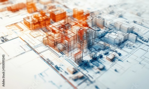 Urban planning and city zoning in detailed technical blueprint. AI generated illustration.