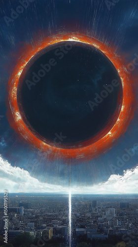Apocalyptic eclipse over futuristic city skyline with beam of energy, evoking power, collapse and transformation