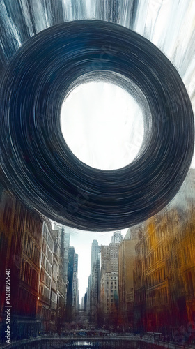  Massive black ring above city street, a visual metaphor for gravitational change and modern uncertainty