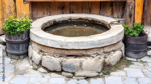 Ancient Stone Well with Water and Flowers Rustic Village Well
