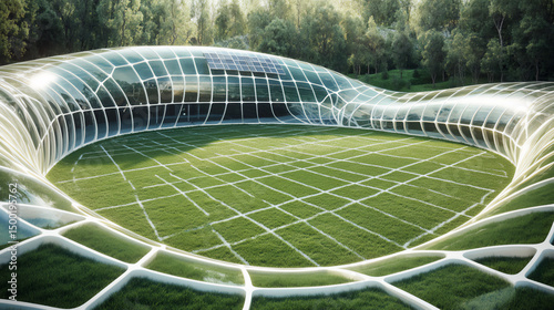Futuristic transparent stadium representing innovation and sustainability