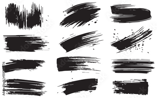 Abstract black ink brush strokes grunge texture set