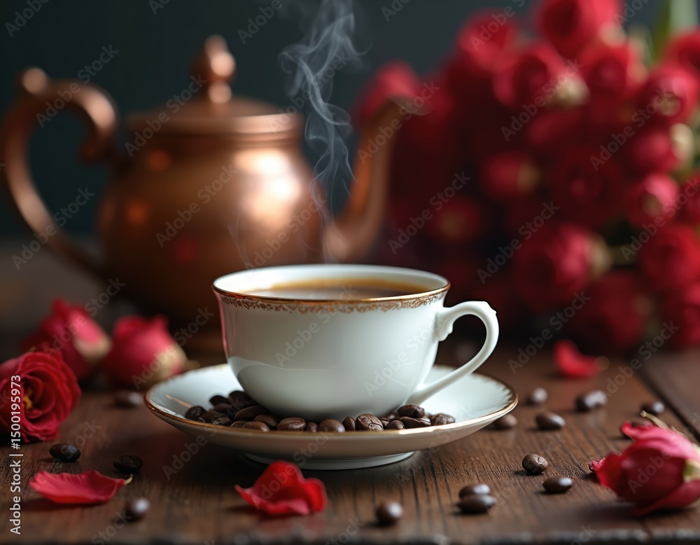 Fototapeta premium Steaming cup coffee, beans on rustic wooden table. Red roses and teapot add to the cozy, romantic morning vibe. Cafe or home breakfast beverage photo.