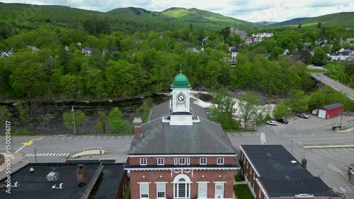 Drone View of Historic Town Hall with Clock Tower in Small New England Town, drone 4K