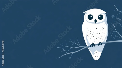 White owl is perched on a branch. The owl is looking at the camera. The background is a blue color
