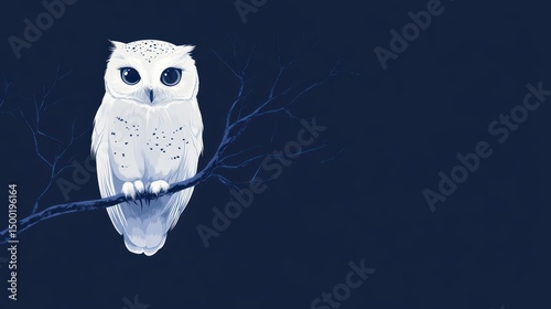 White owl is perched on a branch in a dark blue background. The owl is looking at the camera