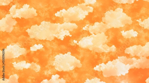 Orange Sunset Sky with Fluffy Clouds Watercolor Painting