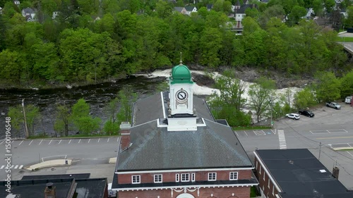 Drone View of Historic Town Hall with Clock Tower in Small New England Town, drone 4K