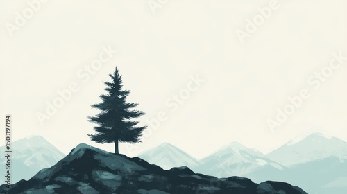 Solitary pine tree is situated on a rocky hill, surrounded by a majestic mountain range