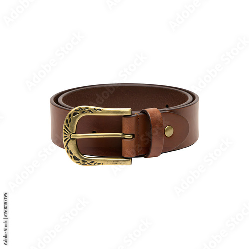 Brown leather belt coiled neatly, showcasing silver metal buckle