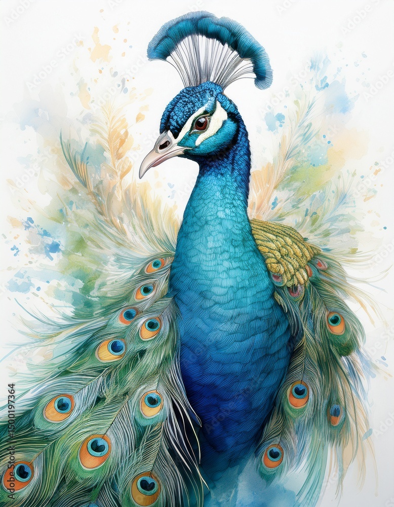 Fototapeta premium Prächtiger Pfau – Aquarell in sanften, leuchtenden Pastelltönen