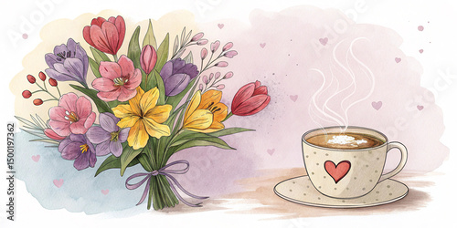 Flowers and adorable heart-shaped coffee, watercolor illustration.
