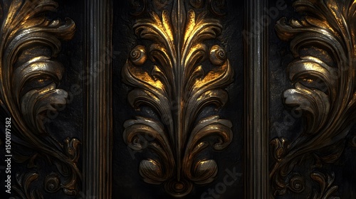 Ornate Gold and Black Metal Panel Texture Background