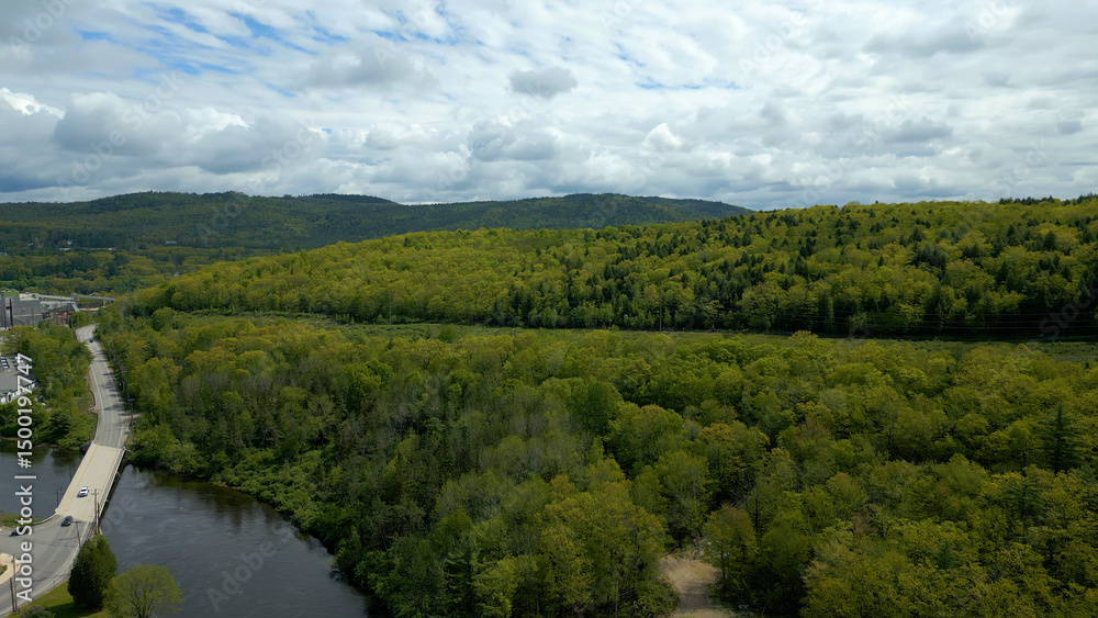 Obraz premium Aerial View of Maine Forest and River with Bridge and Road under Cloudy Sky