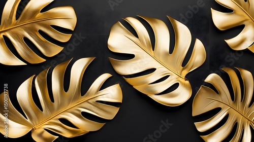 Luxury Gold Monstera Leaves on Black Background