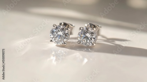 Sparkling diamond stud earrings on a reflective surface.