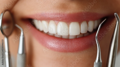Smiling woman's teeth, dental tools, checkup