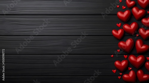 Romantic Red Hearts on Dark Wood Background Valentines Day