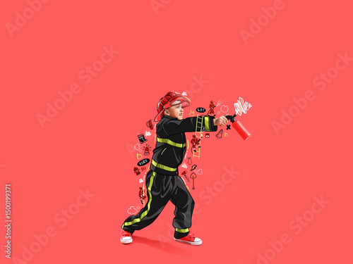 Little firefighter with toy...