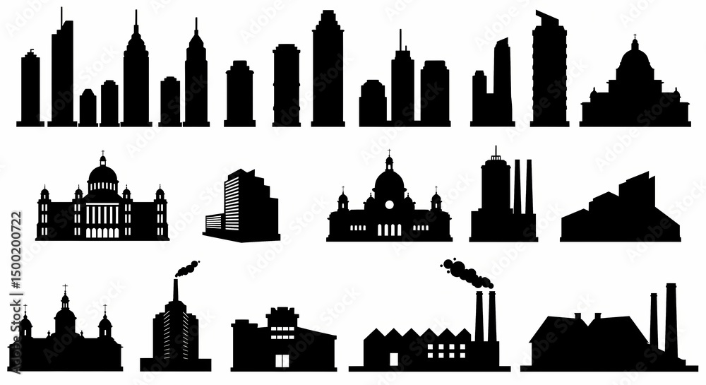 Naklejka premium Silhouettes of various building shapes on white background. Generative AI