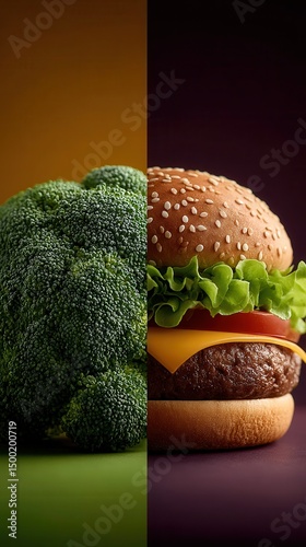 Creative food comparison between broccoli and cheeseburger on split background