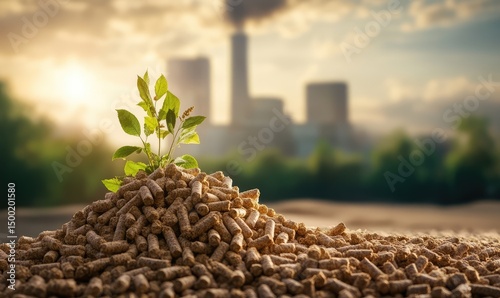 Stacked biomass wood pellets presented in a clean and visually appealing composition. AI generated illustration.