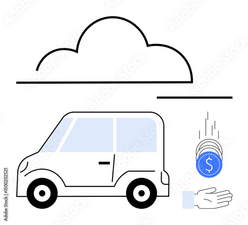 Small car under cloud with coins falling into a hand. Ideal for concepts thumbs up cloud computing, cost efficiency, financial management, vehicle rental, technology, innovation, simple landing page