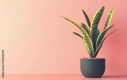 Plant in a black pot sits on a pink wall. The plant is tall and has a green stem