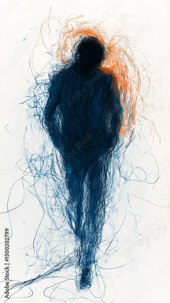 Fototapeta premium Scribble line art of a solitary man walking with his head down on a white background. Generative AI
