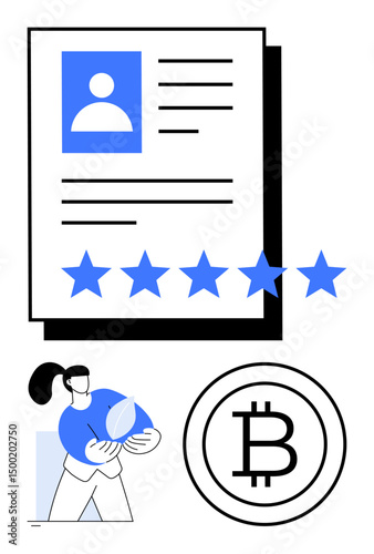 Profile paper showing 5-star rating, person holding a coin, and Bitcoin sign. Ideal for digital identity, crypto finance, user review, blockchain, fintech solutions reputation online economy. Flat