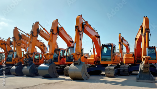Row of excavators in parking lot. Orange construction machinery with black buckets, ready for excavation works. Heavy equipment, construction site, civil engineering, industrial machines, building
