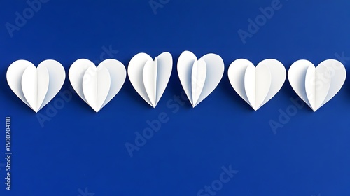 Row of White Paper Hearts on Blue Background Valentine's Day