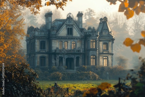 A grand, eerie manor stands amidst autumnal foliage and a misty atmosphere, evoking a sense of history and mystery.