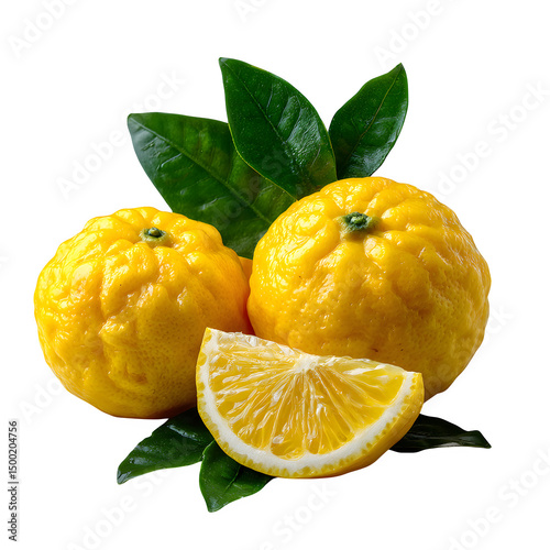 Whole yuzu with yellow bumpy skin and leaf, sliced to show juicy yellow interior, isolated on white