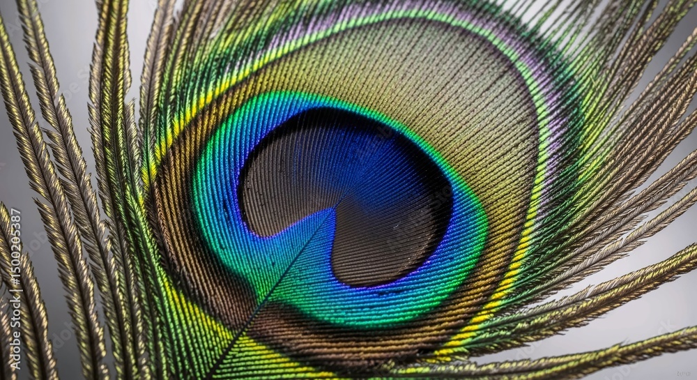 Fototapeta premium Peacock Feather Eye Macro, Vibrant Blue, Green & Gold Patterns.