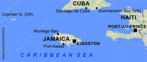Vector geographical world map. Jamaica, 
cayman island, caribbean sea, 
cuba, haiti, guantanamo bay, santiago de cuba,
port au prince, montego bay, kingston, port kaiser.
Fragment of central america.