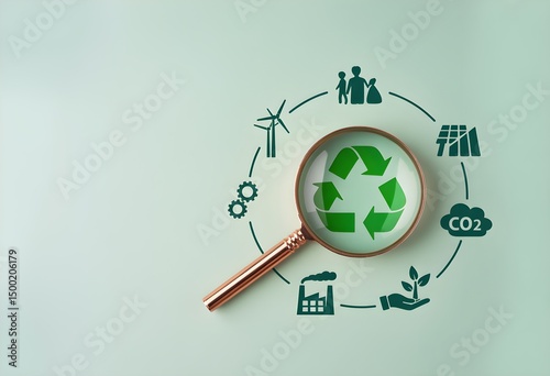 Sustainable Development and Renewable Energy Strategy – Magnifying Glass on Recycle Icon Representing Emission Reduction and Green Innovation