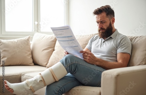 Stressed man with leg injury looks at medical bill on sofa. Broken bone fracture requires orthopedic care. Accident expenses, healthcare costs social security insurance payments.