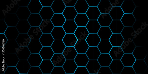 Abstract Hexagonal Grid Background with Glowing Lines. Abstract Futuristic Technology Hexagon Pattern with blue Light Effects. Hexagon. Illustration. Vector. Blue.