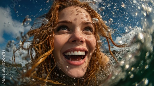 Woman joyfully surfing ocean waves, sunny sky