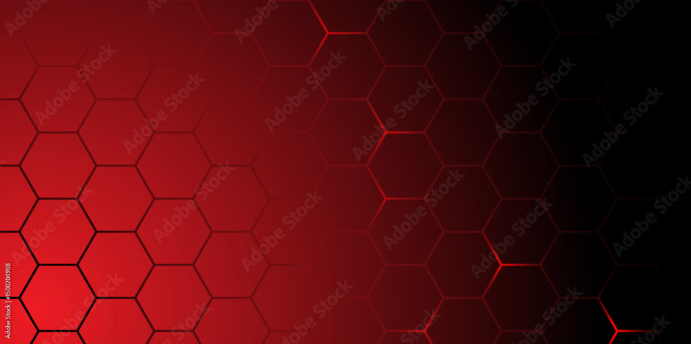 Abstract Red Hexagon Technology Background Vector. Futuristic Red Tech Grid Hex Pattern. Dark Red Honeycomb Abstract Background.