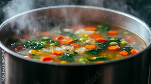 Vegetable soup steams in a silver pot, filled with carrots, greens, and other assorted vegetables, ready to be served!
