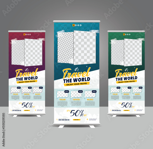 Travel business standee rollup design modern business trip signage pullup tour packages retractable x banner template