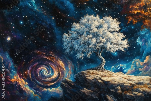 A surreal painting of a white tree on a cliff against a backdrop of a swirling galaxy and starry skies.