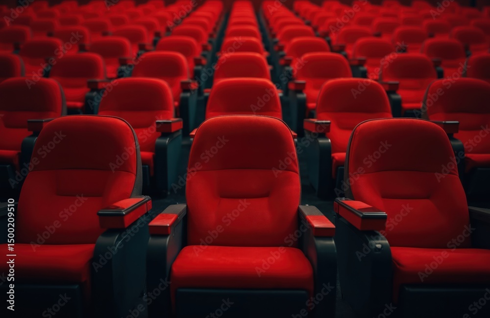 Fototapeta premium Empty cinema hall with red seats. Modern movie theatre interior design with rows of comfortable armchairs. Auditorium with empty stage prepared for show. Perfect for entertainment concepts.