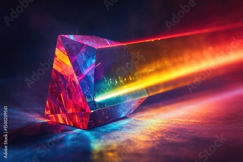 A prism splits light into a spectrum, creating a dazzling display of colors and reflections on the surface.
