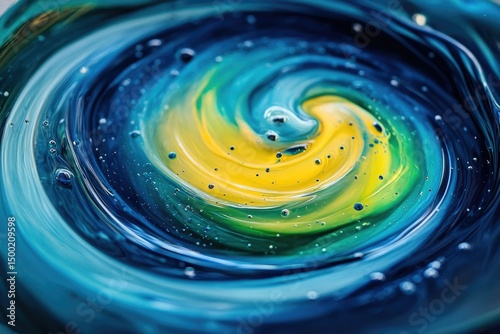 A swirling vortex of blue, green, and yellow paints creates an abstract, captivating visual with bubble accents, resembling a galaxy.