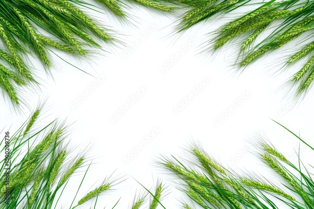 Fototapeta premium On a white background, green grass stems with fluffy seed heads are lying down